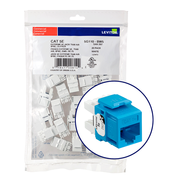 Leviton RJ JACK AND MODULE JACK EXTREME 5E 25PK BL 5G110-BL5